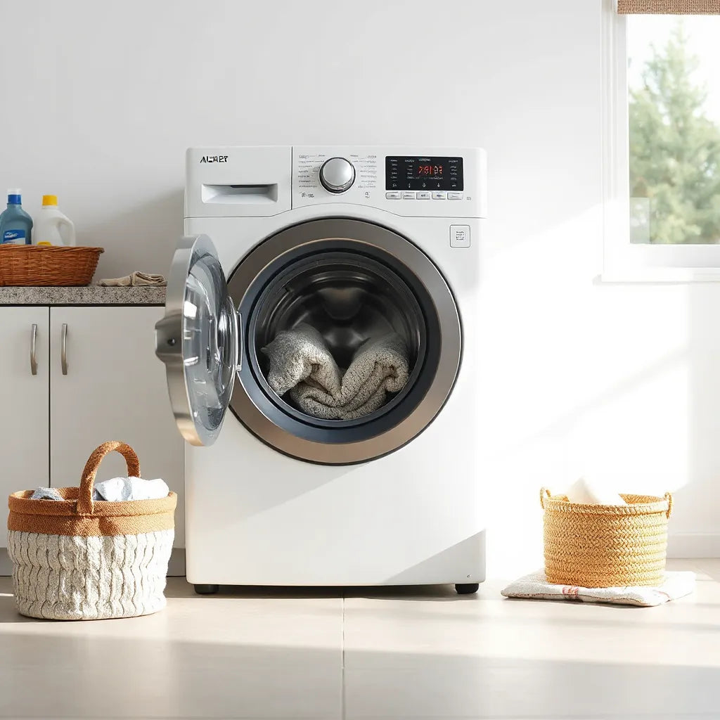 Modern 8 kg washing machine with visible towels in a bright, minimal laundry room