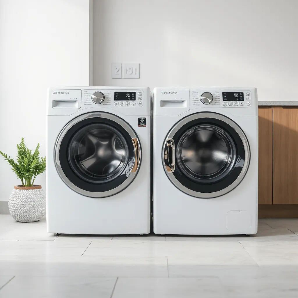 Front-loading washing machines side by side in a bright, clean laundry area
