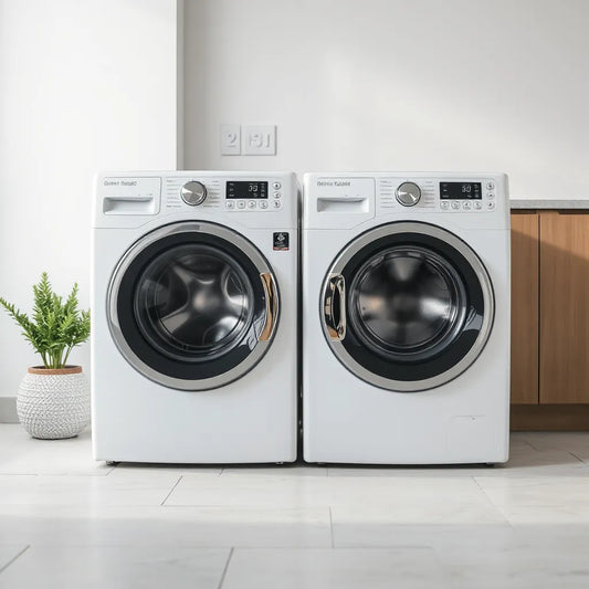 Front-loading washing machines side by side in a bright, clean laundry area