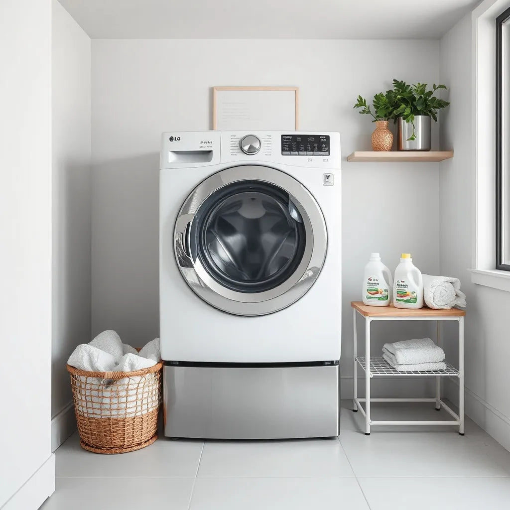 Front-loading washing machine in a bright laundry room with neatly folded towels nearby
