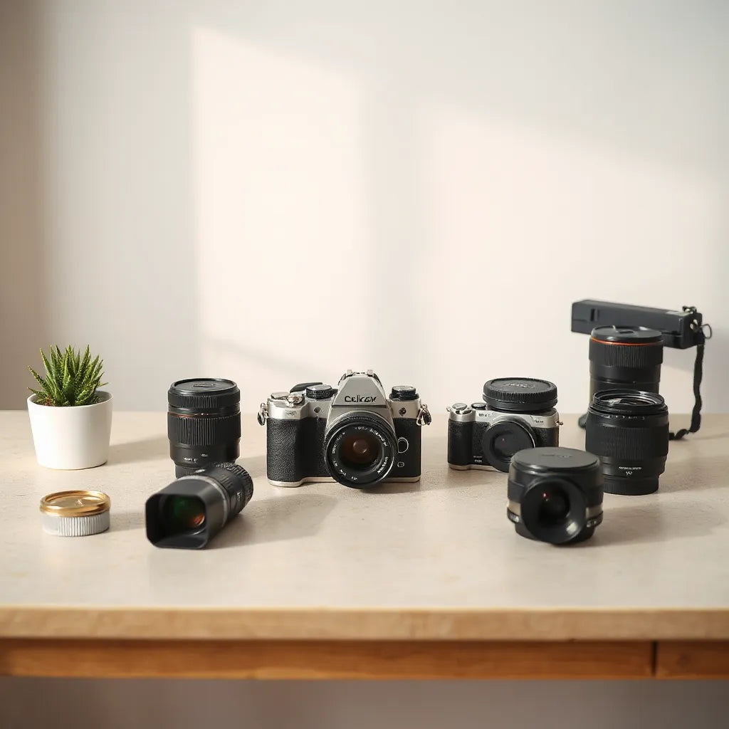 Curated camera collection with mirrorless and compact bodies and interchangeable lenses on a clean tabletop
