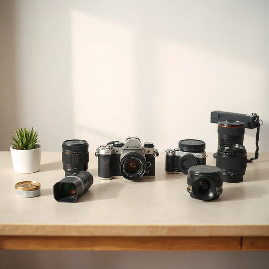 Curated camera collection with mirrorless and compact bodies and interchangeable lenses on a clean tabletop