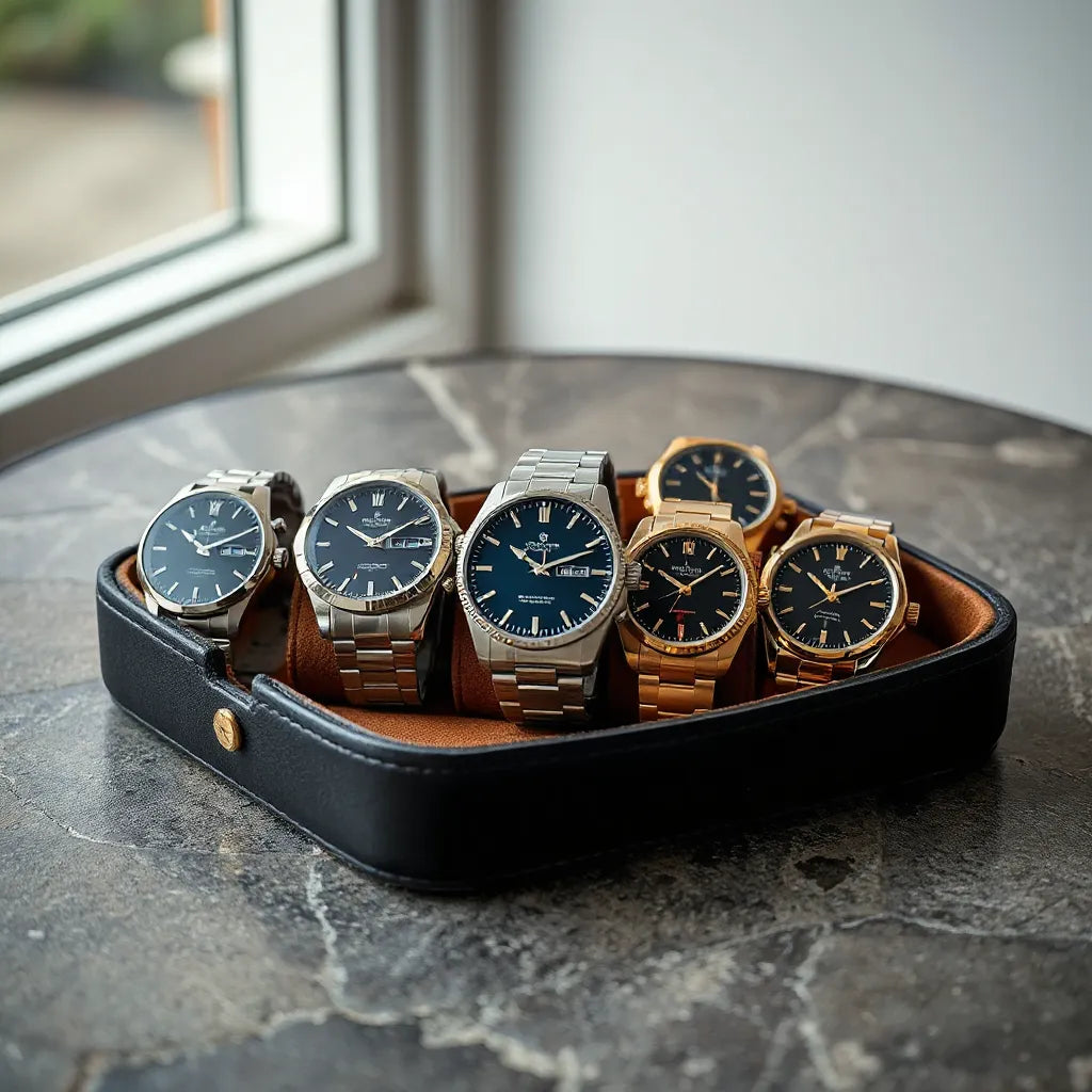 Luxury men’s wristwatches on a leather tray with polished metal cases and elegant dials