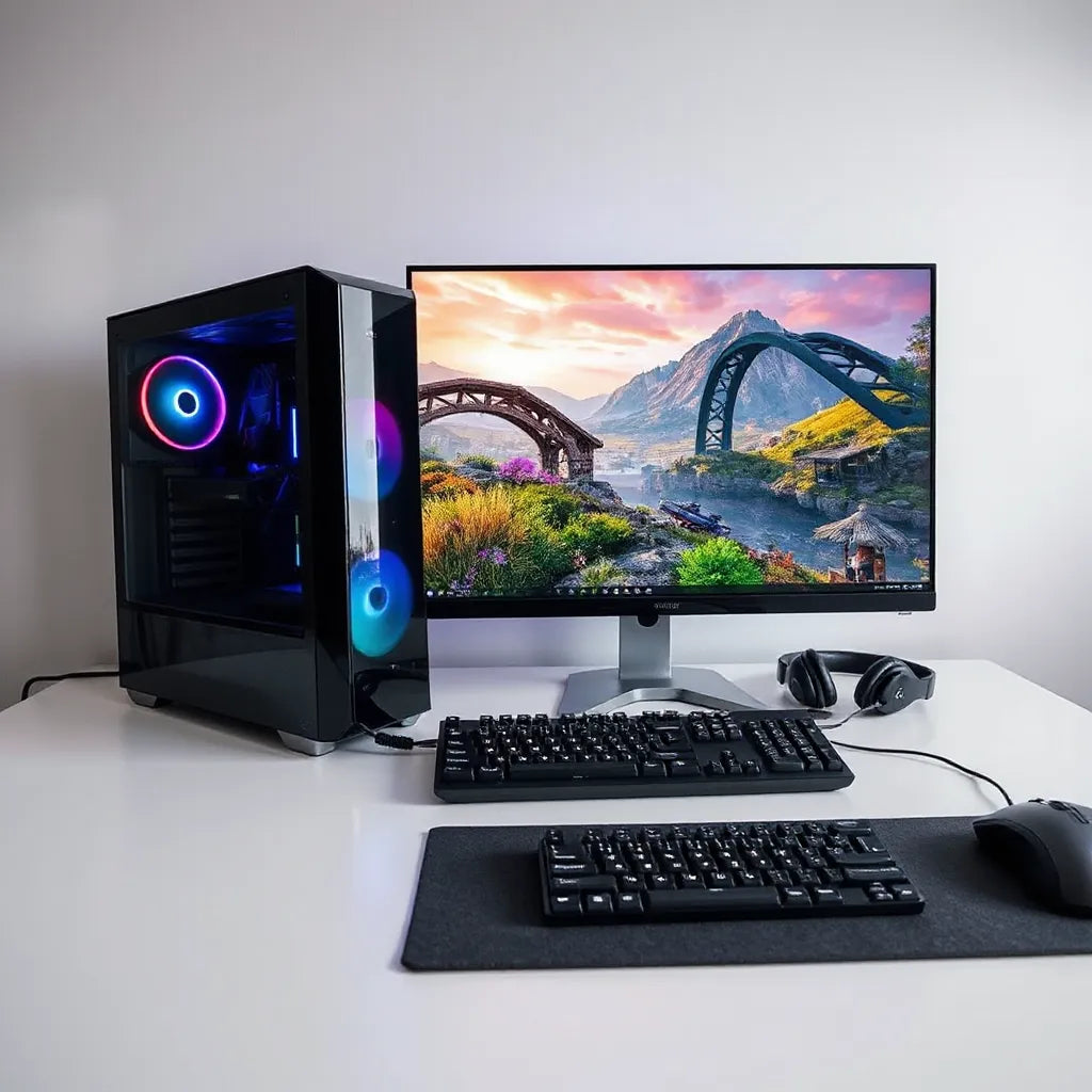 Gaming desktop setup with a glass-sided PC tower, monitor, keyboard, and mouse on a clean desk