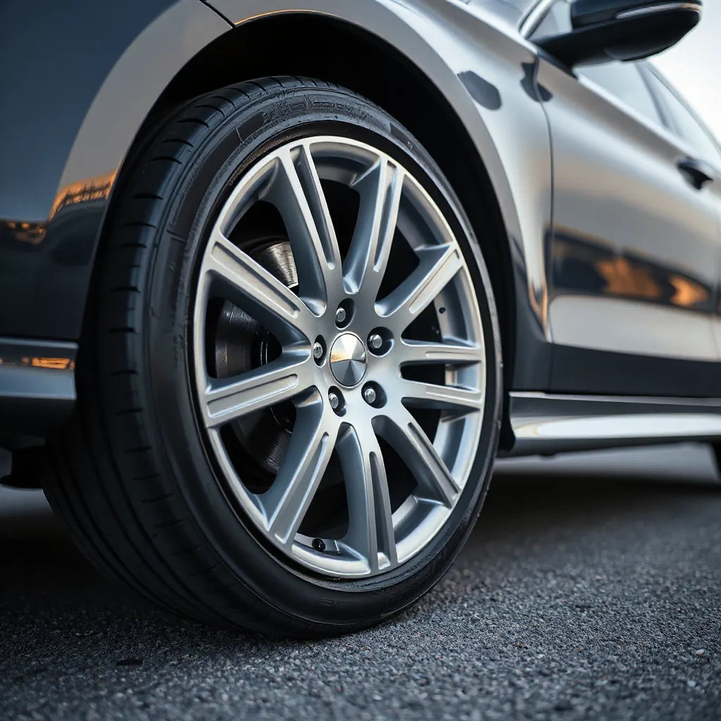 Alloy mag wheel with detailed spokes on a car, showing tire sidewall and metallic finish