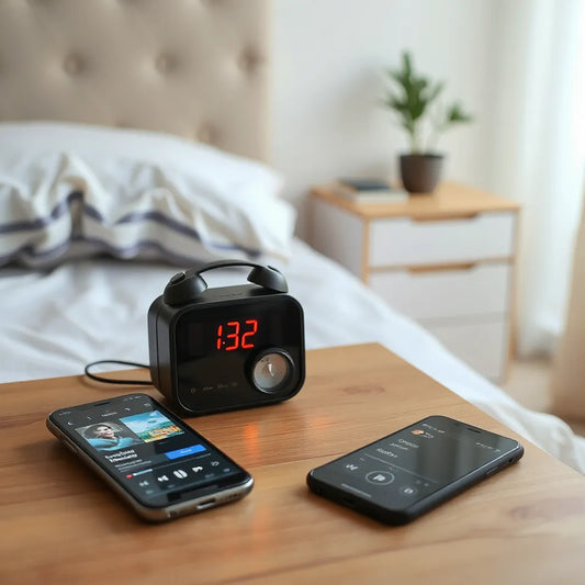 Modern alarm clock on a bedside table playing music at sunrise with a phone nearby for settings