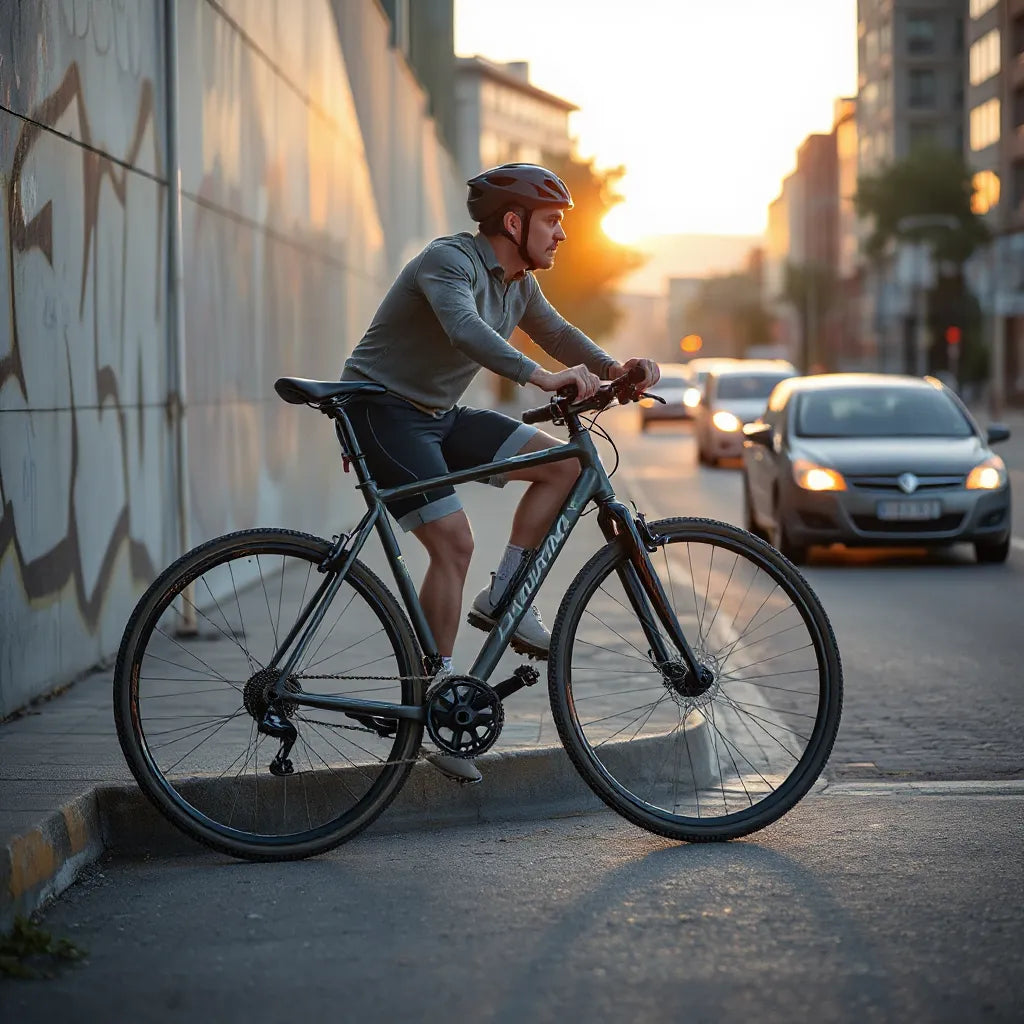 Modern city bike leaned against a curb with a helmeted cyclist and street background at golden hour