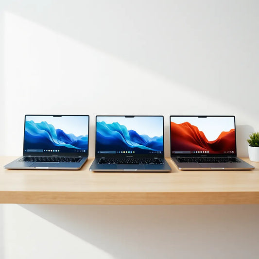 Three slim laptops on a clean desk with different screen themes for work, study, and gaming