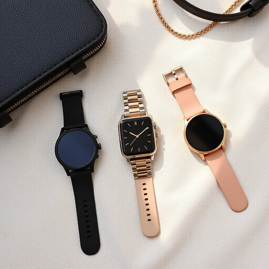 Multiple women’s digital watches with different strap colors on a neutral fabric surface