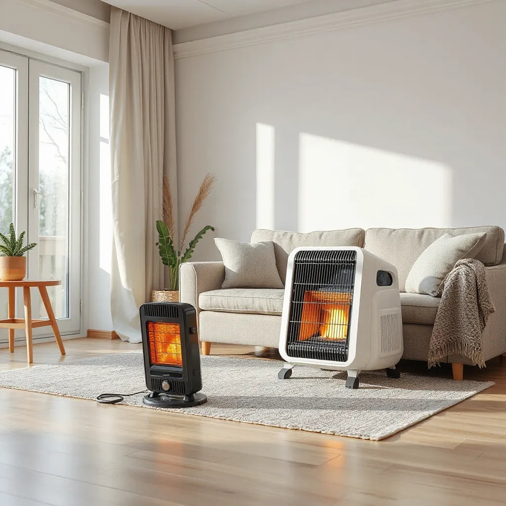 Modern room heater in a cozy living room with gentle warm glow near a sofa
