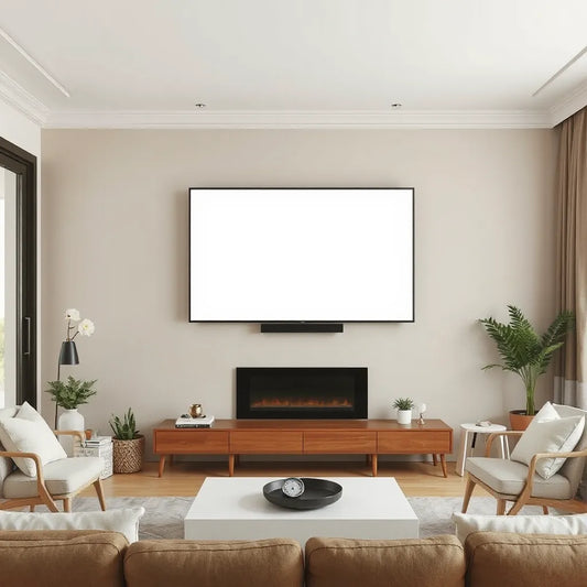 Wall-mounted flat-screen TV in a bright living room with a subtle energy meter indicator