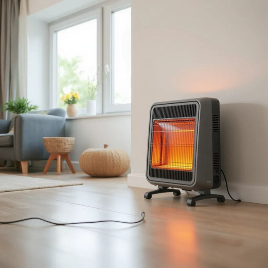 Modern electric heater on a living room floor with warm airflow for safe, efficient room heating
