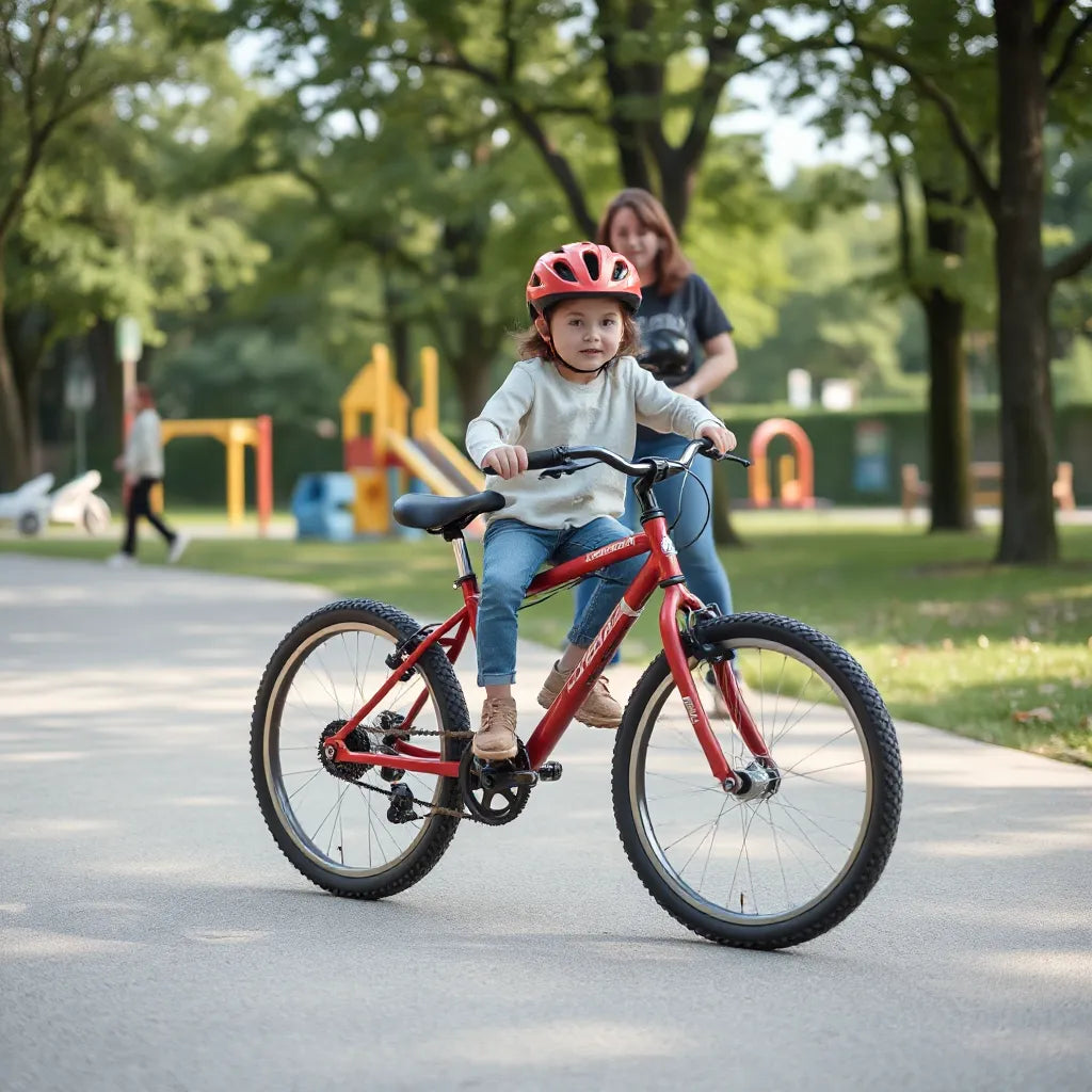 A kid rides a single-speed bicycle while a parent checks safety gear nearby in a park