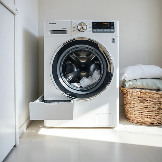 Front-load washing machine in a bright laundry room with neatly folded clothes nearby