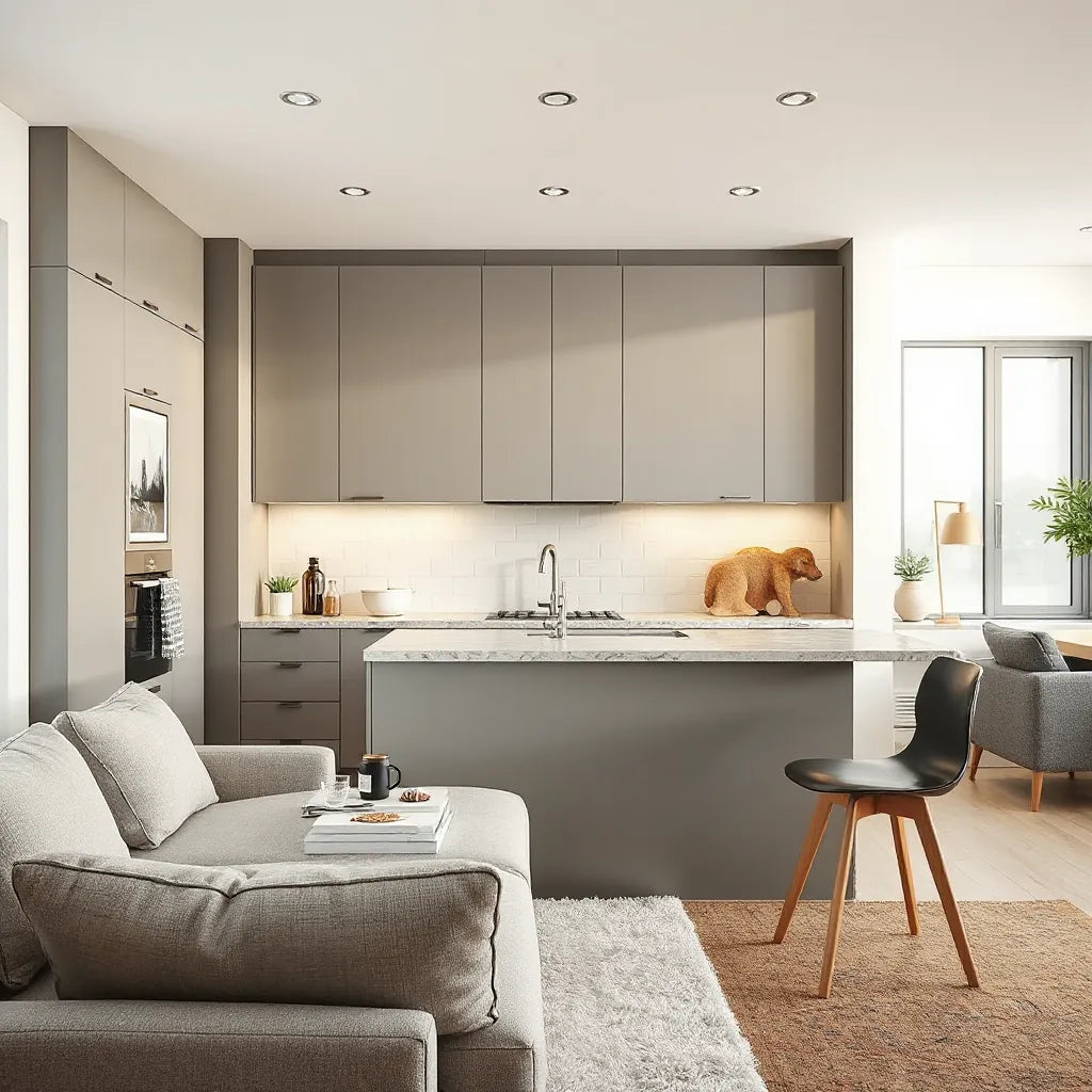 Bright modern modular kitchen with sleek cabinetry and a stylish countertop in a clean interior design setting