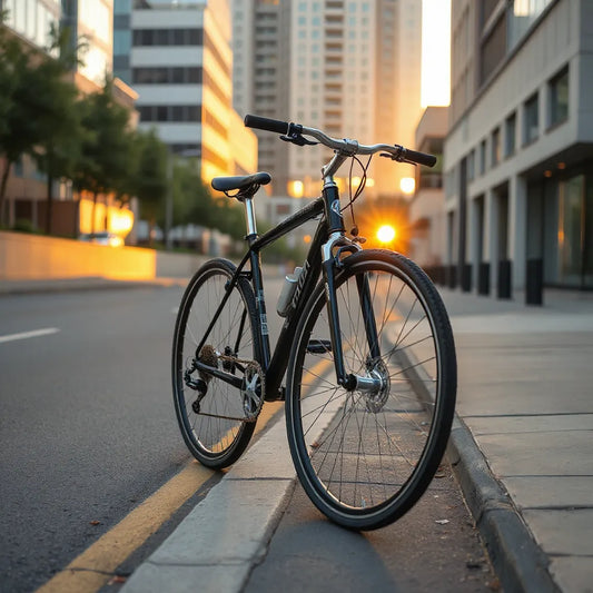 A 21-speed gear bicycle parked on a city street with visible drivetrain and shifter for smooth commuting