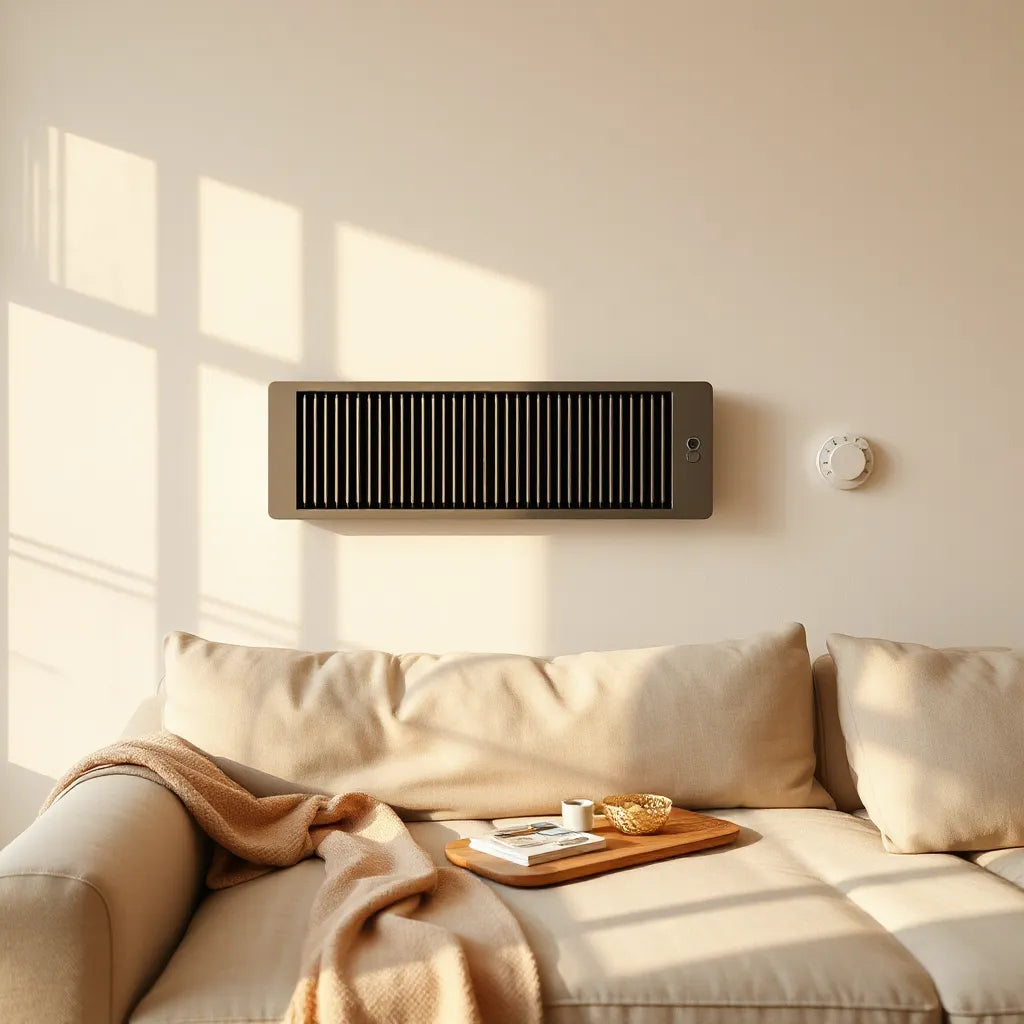 Modern heater showing three heat levels in a cozy living room with warm lighting