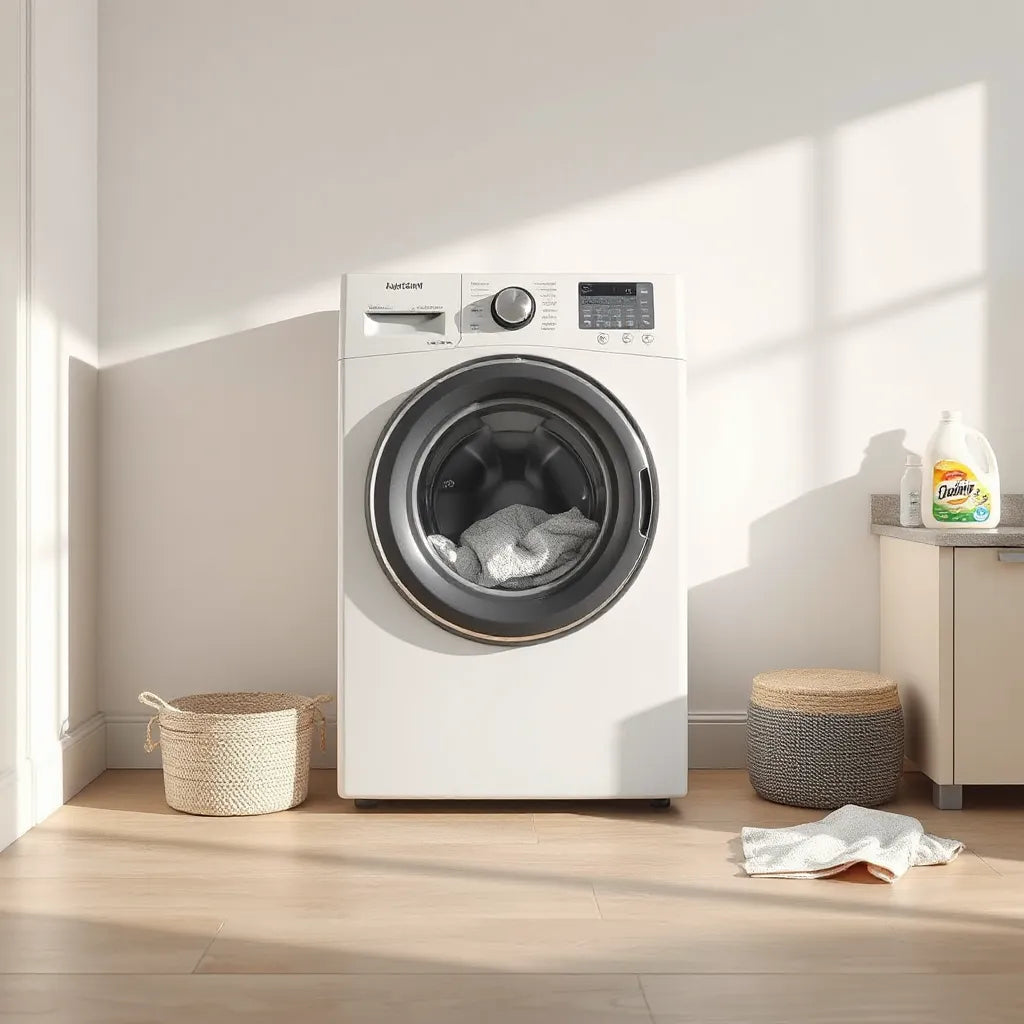 Front load washing machine in a clean laundry room with detergent and a microfiber cloth nearby