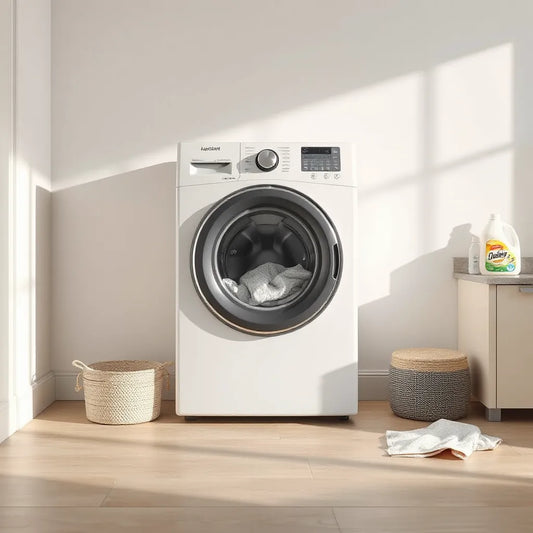 Front load washing machine in a clean laundry room with detergent and a microfiber cloth nearby