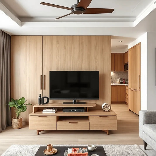 Modern living room showing TV unit, wardrobe storage wall, and contemporary kitchen cabinet finishes