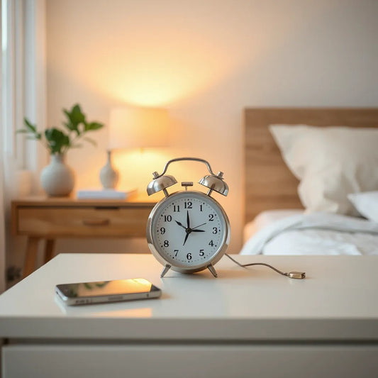 Multifunctional bedside alarm clock with digital display and snooze buttons on a nightstand near sunrise