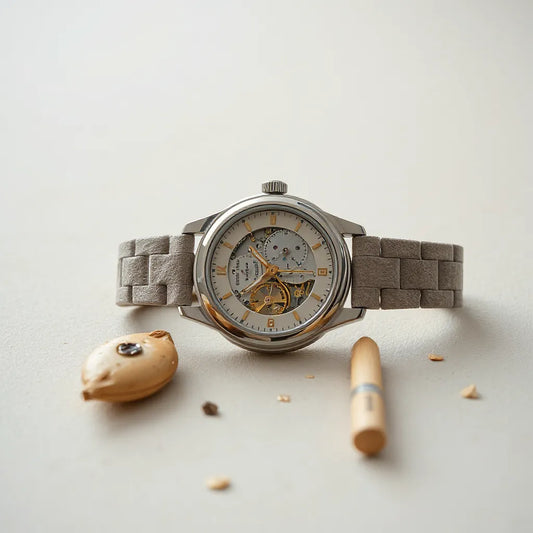 Quartz movement timepiece with visible movement and gears in an open watch case