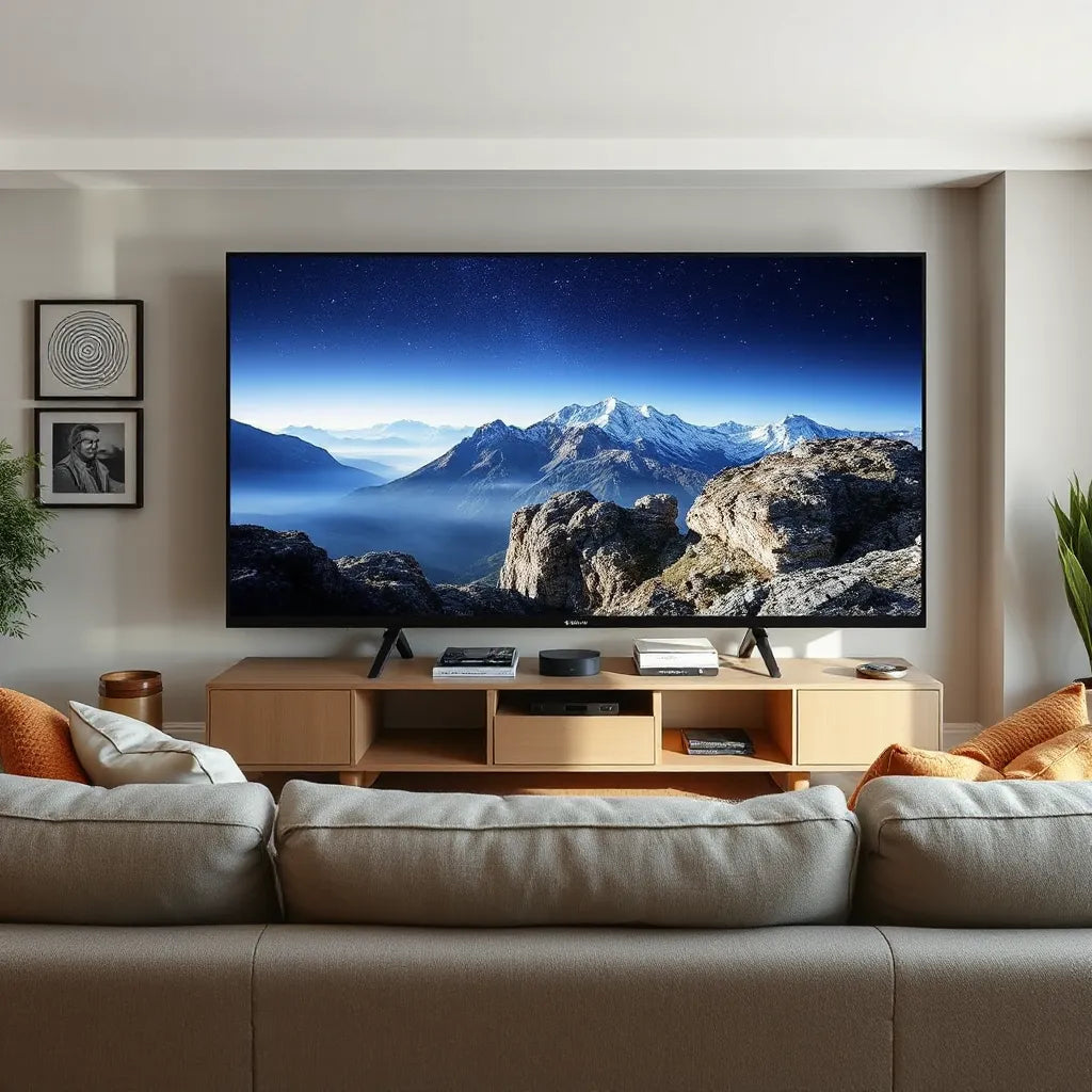 LG OLED TV in a modern living room showing a vivid cinematic scene with deep contrast