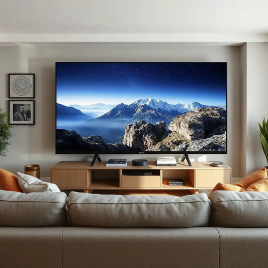 LG OLED TV in a modern living room showing a vivid cinematic scene with deep contrast