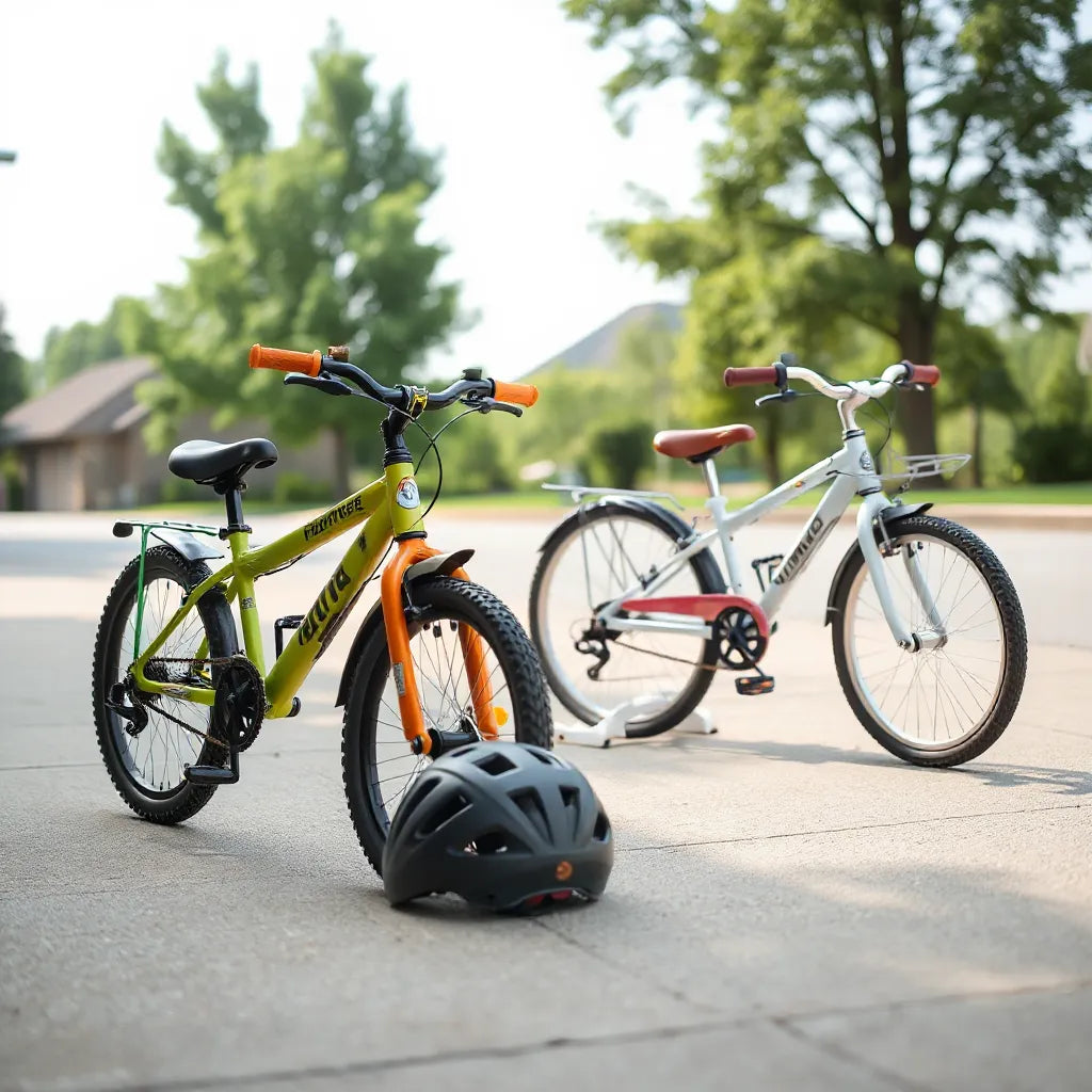 Colorful kids bicycles with a helmet, arranged for choosing the right safe fit