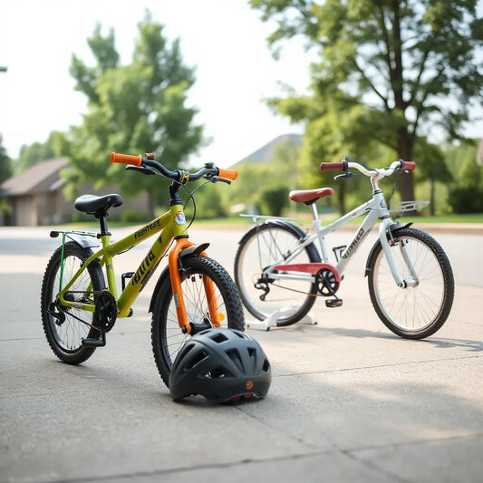Colorful kids bicycles with a helmet, arranged for choosing the right safe fit
