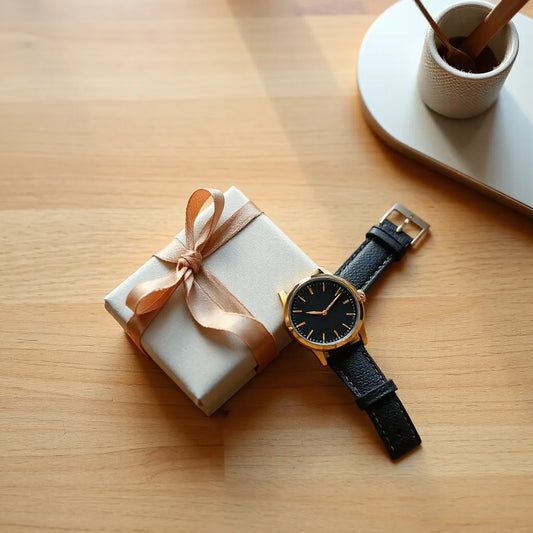 Classic wristwatch resting on a wooden desk with a minimalist gift box and soft natural light