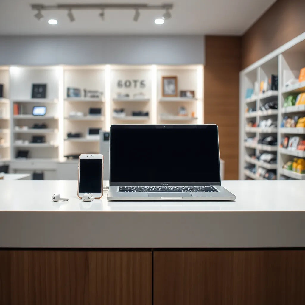 Modern electronics on a checkout counter with a subtle discount tag shape, lit for a clean savings-focused blog header.