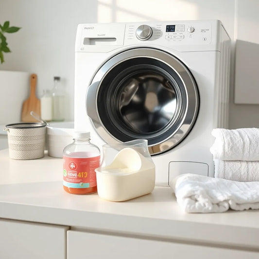 Modern washing machine in a bright laundry room with detergent and neatly folded towels