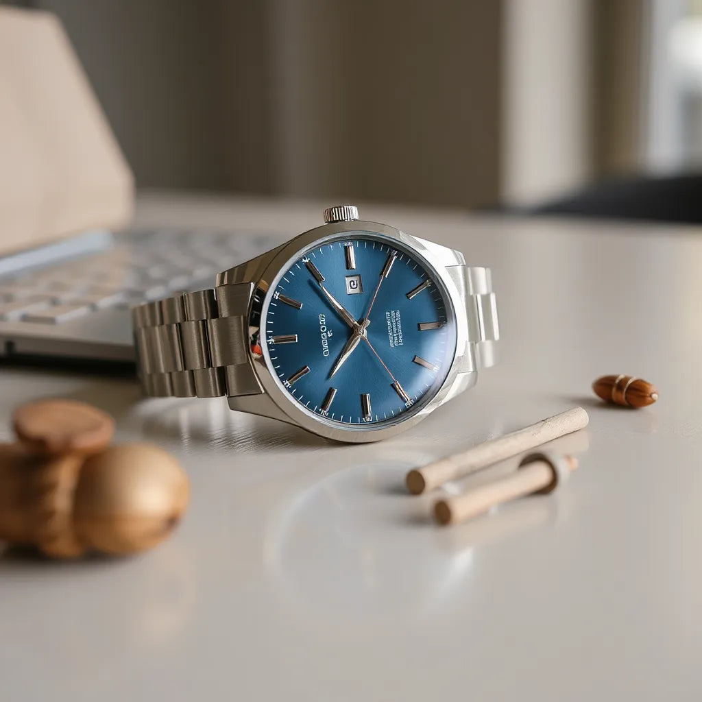 Men’s analog blue dial wristwatch with metallic case resting on a neutral surface in soft daylight