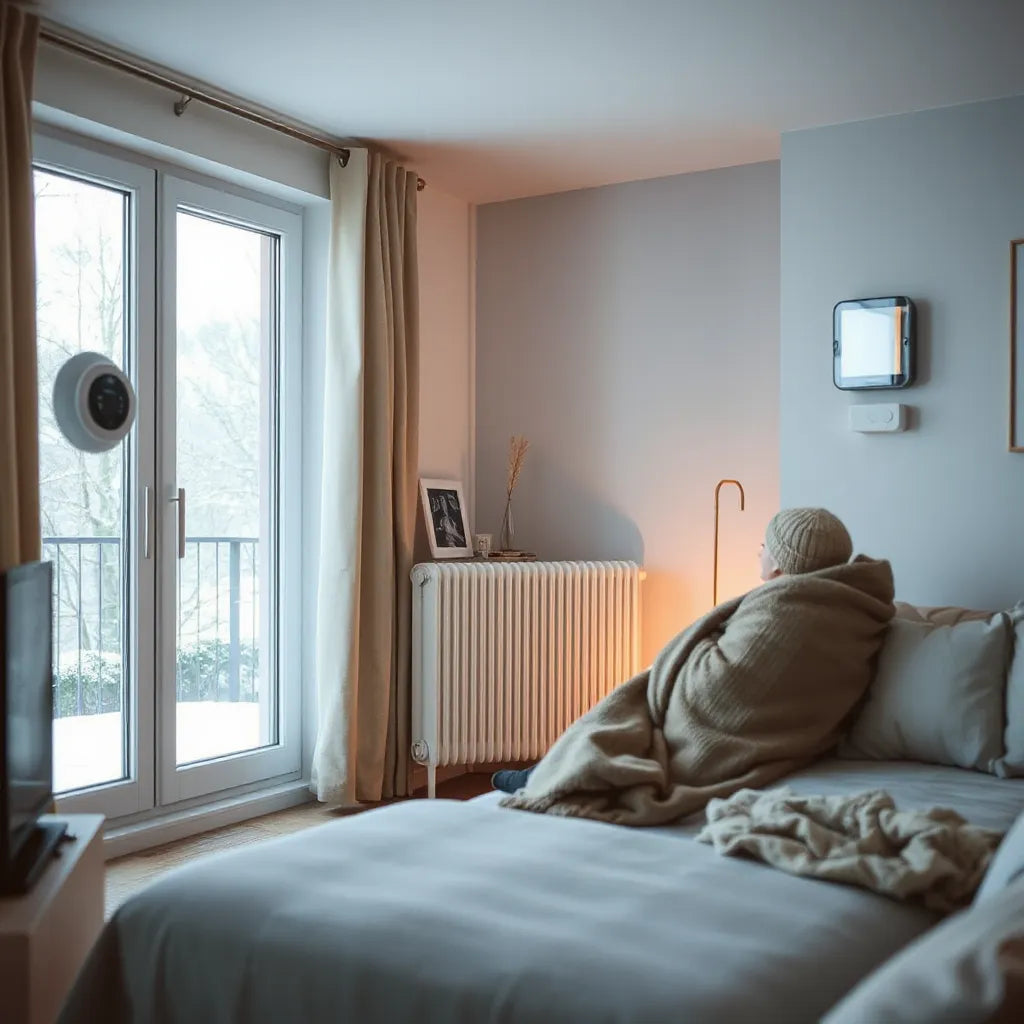Cozy living room with a modern heater and thermostat, showing warm light and sealed window edges in winter