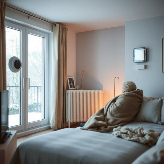 Cozy living room with a modern heater and thermostat, showing warm light and sealed window edges in winter