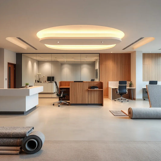 Modern office reception and workspace with staged makeover materials and clean neutral finishes