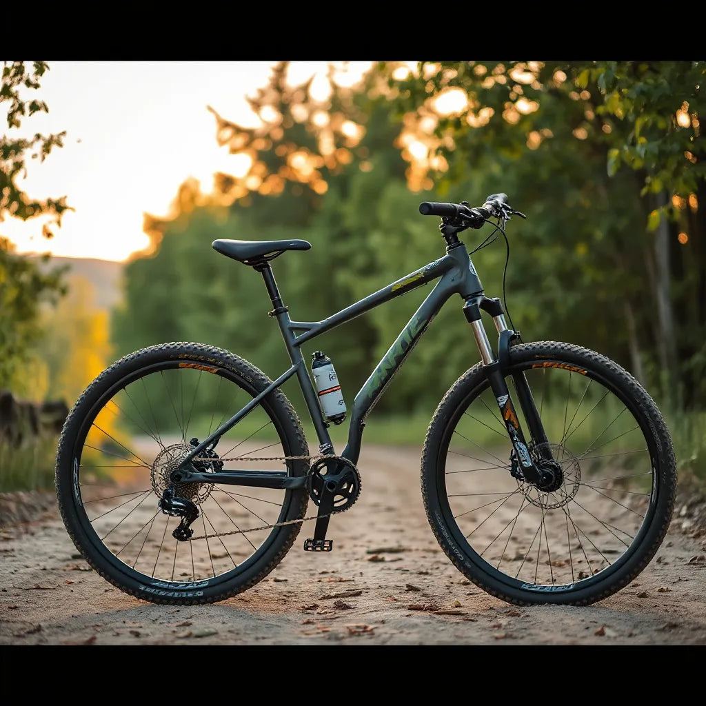 Dual suspension mountain bike with visible front fork, rear shock, and knobby tires on a dirt trail