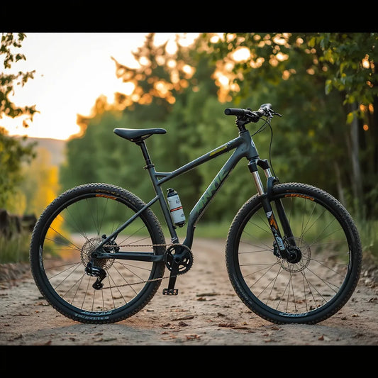 Dual suspension mountain bike with visible front fork, rear shock, and knobby tires on a dirt trail