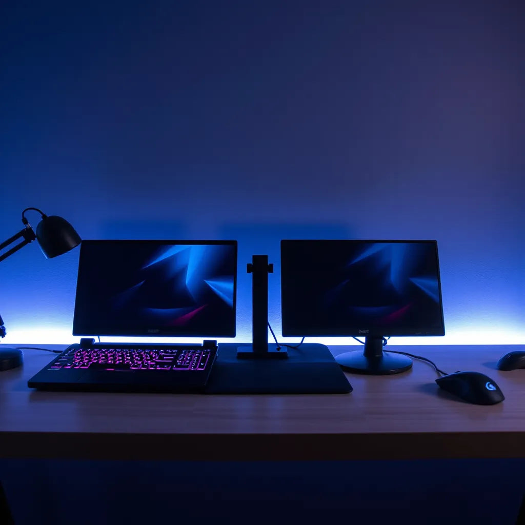 Two gaming laptops on a desk with a gaming mouse and subtle blue backlight for smooth gameplay