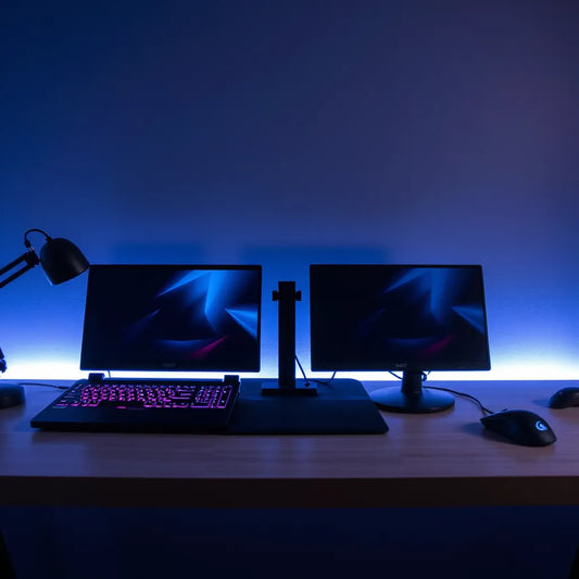 Two gaming laptops on a desk with a gaming mouse and subtle blue backlight for smooth gameplay