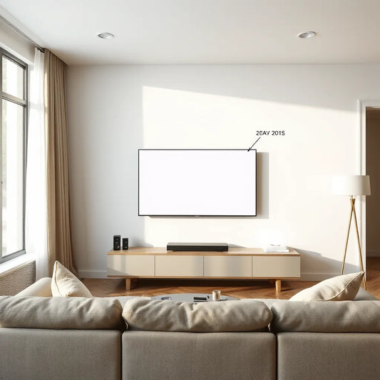 Large flat-screen TV on a modern console in a bright living room, showcasing a colorful home entertainment scene.