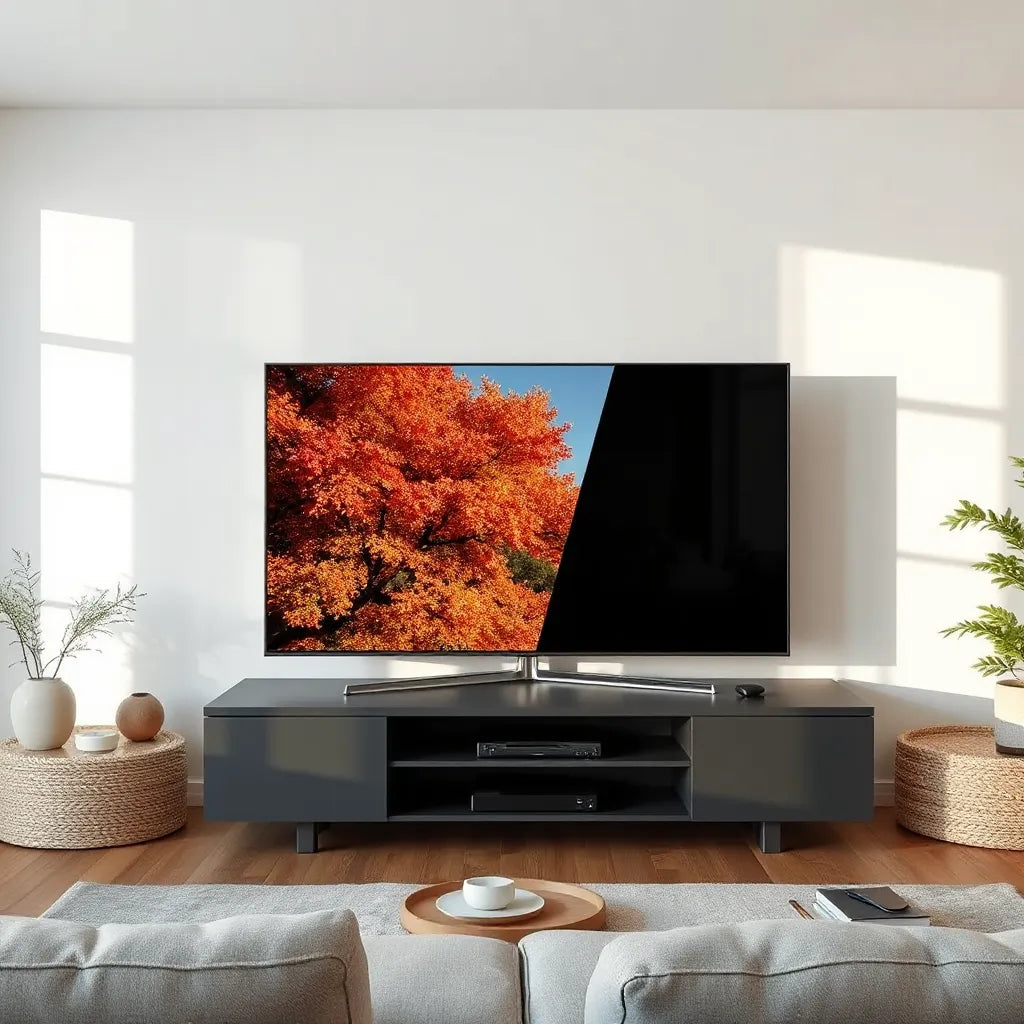 Large 65-inch TV in a modern living room, highlighting OLED-style deep contrast and vibrant 4K clarity