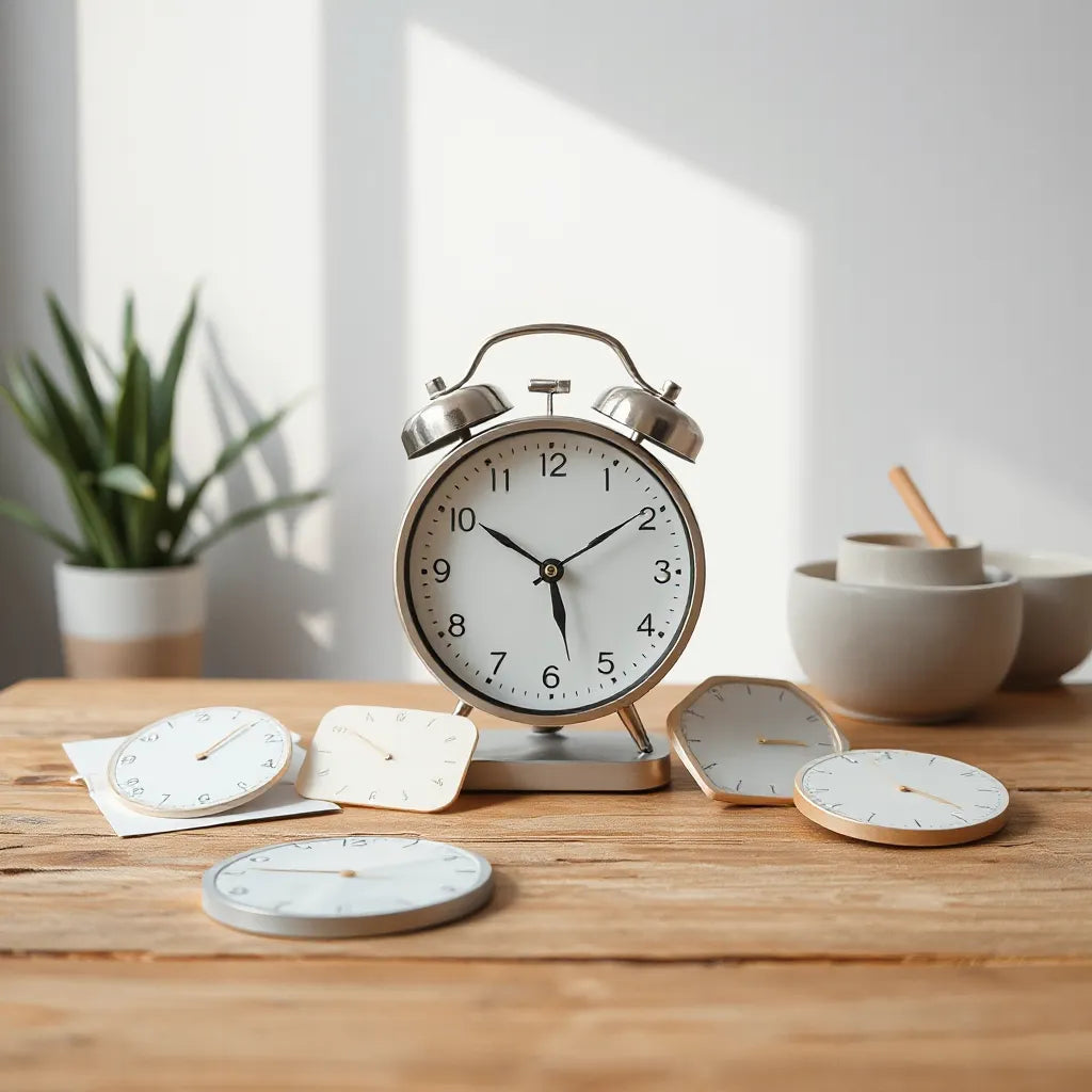 Modern clock with interchangeable face templates on a clean tabletop in soft natural light