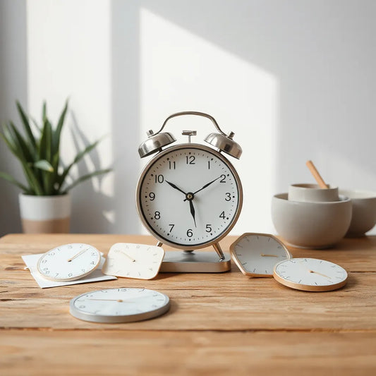 Modern clock with interchangeable face templates on a clean tabletop in soft natural light