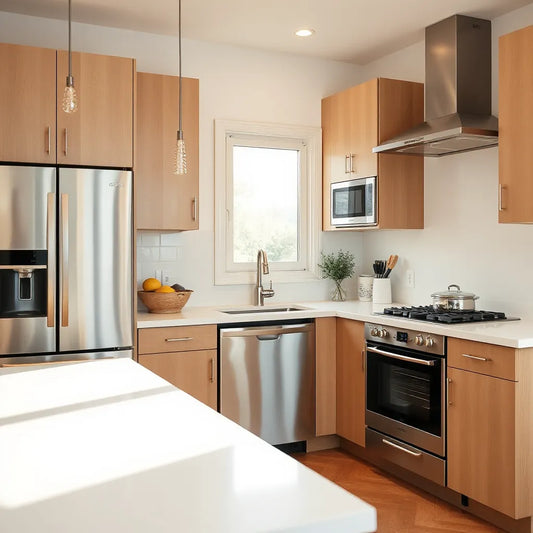 Clean modern kitchen featuring sleek refrigerator, oven, cooktop, and dishwasher.