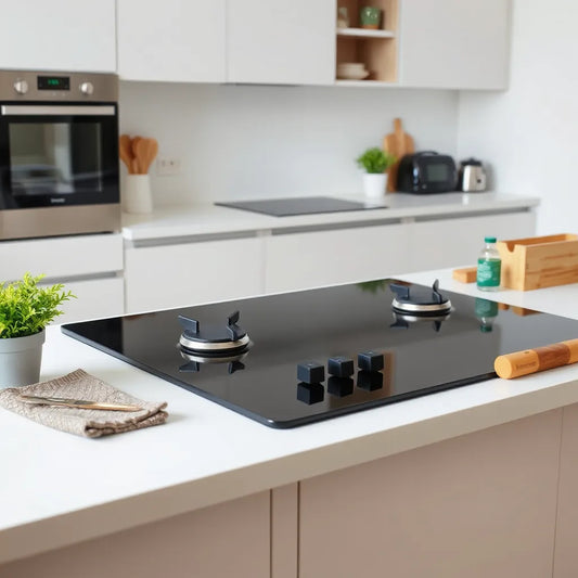 Black glass 90cm gas hob with burner grates and controls in a modern kitchen setting