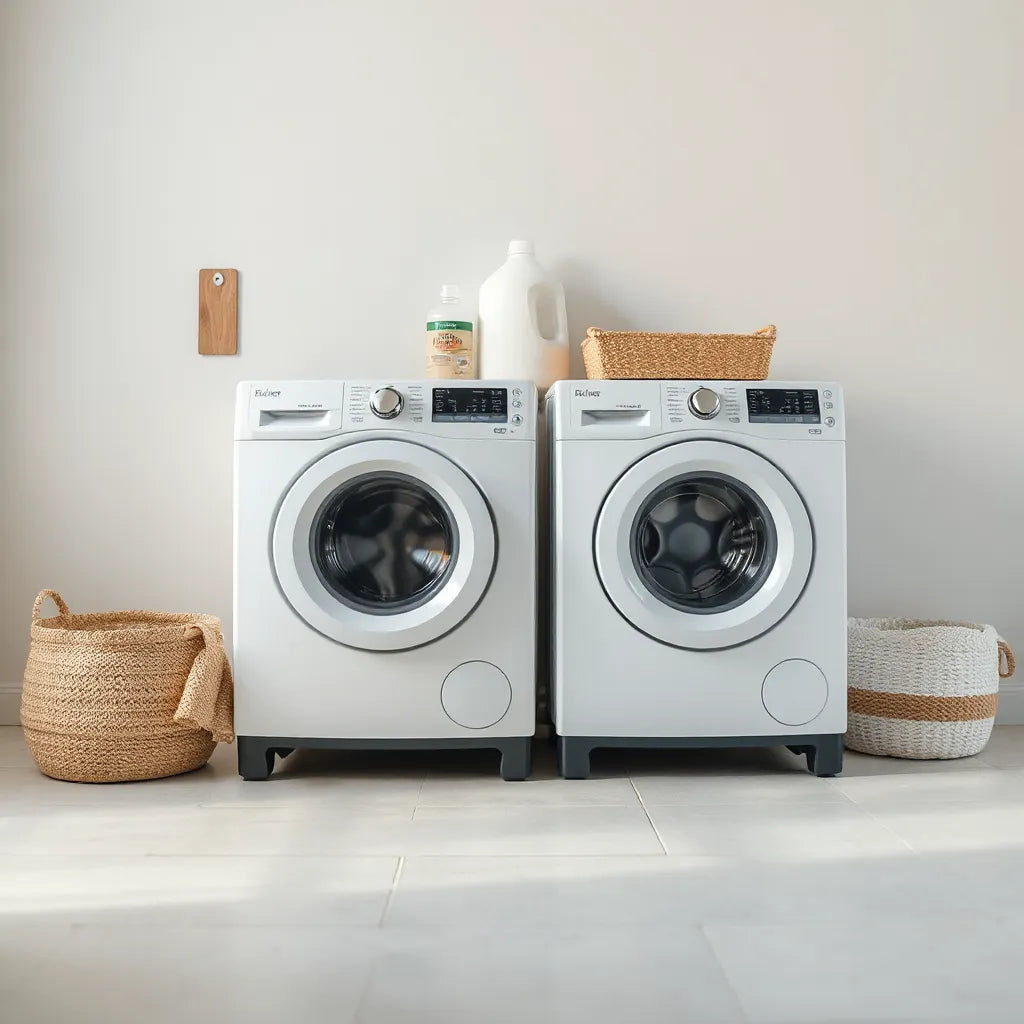 Two modern washing machines in a bright laundry room, with clean styling and minimal background items