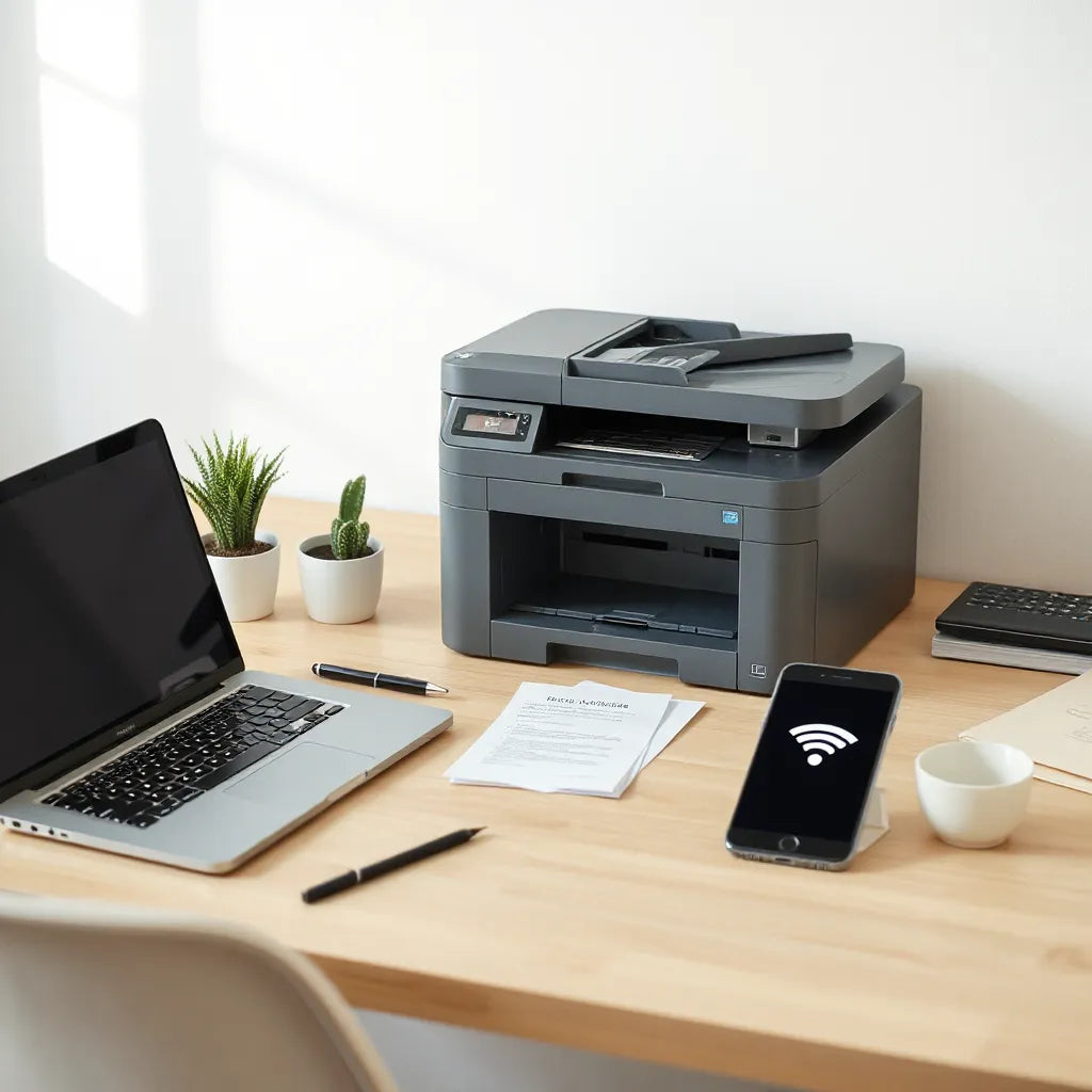 Multifunction printer on a home office desk connected to a laptop and phone