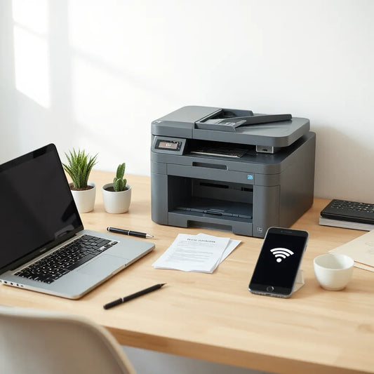 Multifunction printer on a home office desk connected to a laptop and phone
